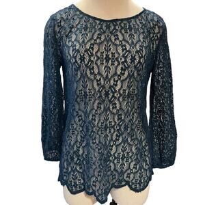 LOFT Sheer Lace Scallop Hem Blouse Shirt Size S Teal Boho Goth Victorian Cosplay